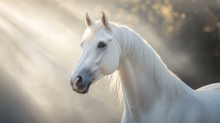 A majestic white horse stands gracefully in a serene stable, surrounded by sunlit white walls, exuding equine beauty.