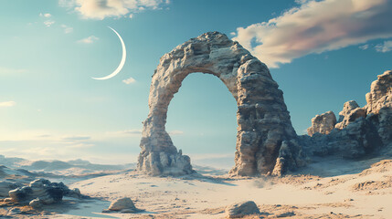 Fototapeta premium An ancient stone archway in a desolate, rocky landscape with a crescent moon in the sky. Rocky Archway. Illustration