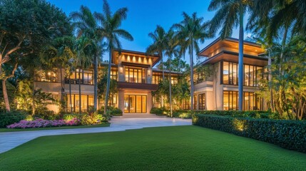 Obraz premium Elegant Modern House Surrounded by Lush Palm Trees