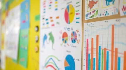 Yellow wall with various types of colorful business charts and graphs attached to it, providing important data for analysis