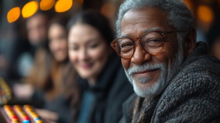 Fototapeta premium Diverse group of friends enjoying an evening gathering at a cozy cafe with warm lighting