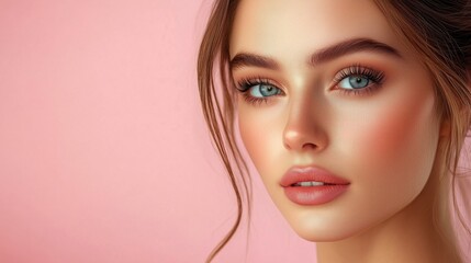 Fototapeta premium Beauty portrait of young woman with flawless skin and striking blue eyes against a soft pink background for advertising, fashion, and beauty design