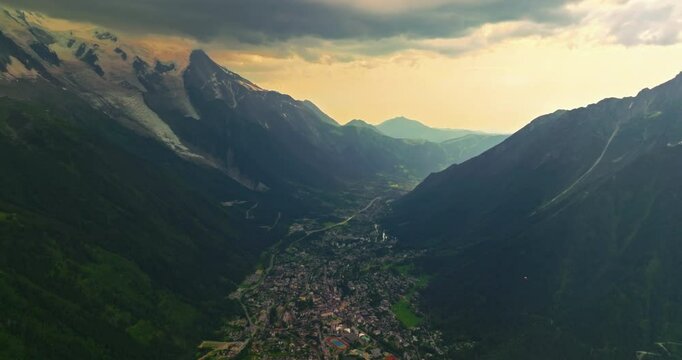 Drone Shot of Chamonix. Chamonix-Mont-Blanc is a resort town in France near the border with Switzerland and Italy. It is located at the foot of Mont Blanc, the highest peak in the Alps