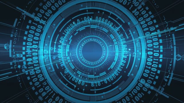 Abstract digital background with binary code patterns and circular elements.