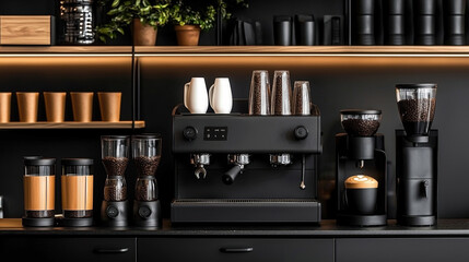 Modern coffee bar setup with espresso machine and grinders in cozy cafe