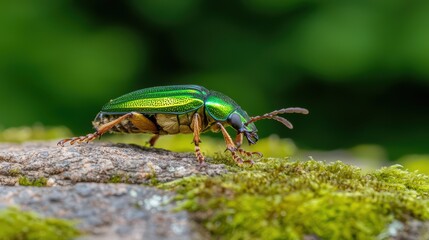 Naklejka premium Vibrant green beetle crawling on mossy surface in natural habitat