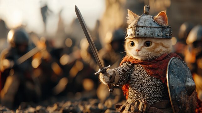 Heroic cat in armor with sword in epic battle scene