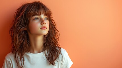 Fototapeta premium Contemplative Young Girl Against Soft Orange Background for Yout