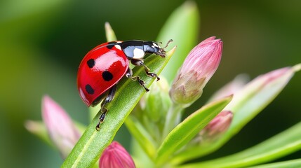 Fototapeta premium Vibrant ladybug on leafy stem with pink buds in natural setting