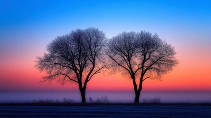 Serene Sunset with Silhouetted Trees at Dusk