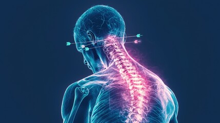 Human neck anatomy with spine and nerves - medical illustration of injury and pain