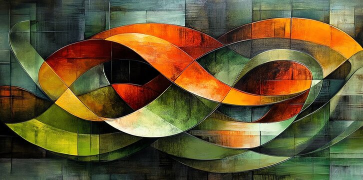 Abstract painting with orange, green, and yellow shapes in a grid pattern.