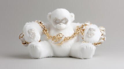 White gorilla toy with gold chains and rhinestones on gray background