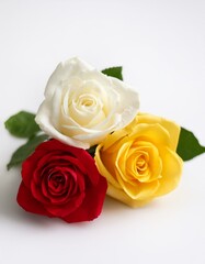 Three roses in red, yellow, and white.