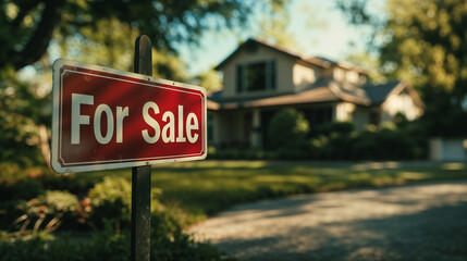 Real Estate Listing - Elegant Suburban House for Sale with Yard Sign, Big home for sale, Red Color Sign