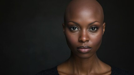Portrait of a dark-skinned woman suffering from cancer after severe hair loss due to chemotherapy treatment
