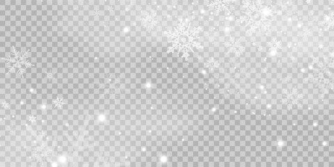 Snowflakes falling christmas decoration isolated background. White snow flying on transparent. Vector heavy snowfall, snowflakes in different shapes and forms. © exvanesko