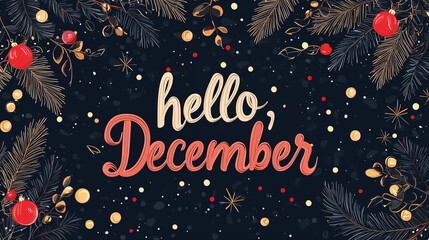 Hello December text on Christmas background surrounded by Christmas decorations illustration banner. Hello winter, lettering design. 
