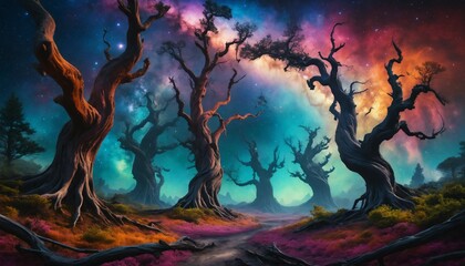 An ancient forest where twisted trees crumble into ash, set against a swirling backdrop of vibrant nebula colors and textured shadows, blending nature with cosmic mystery