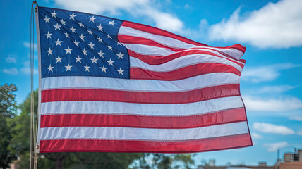 The American flag waves proudly against a bright blue sky dotted with fluffy clouds, symbolizing freedom and patriotism.