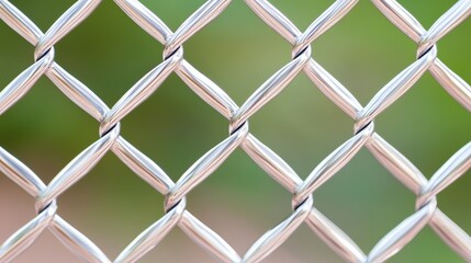 Fototapeta premium Close-up of silver chain-link fence against blurry green background
