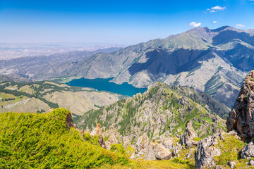 Scenery of Heaven Lake, Tianshan Tianchi National Geopark, bird view, copy space for text