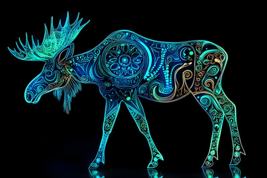 A striking neon illustration of a moose with intricate blue and green patterns on a dark background.