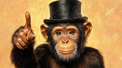 Charming chimpanzee in a top hat pointing upward with a playful expression