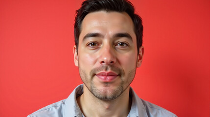 Obraz premium Man with subtle amusement expression against red background