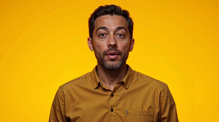 Fototapeta premium Man with surprised expression against bright yellow background
