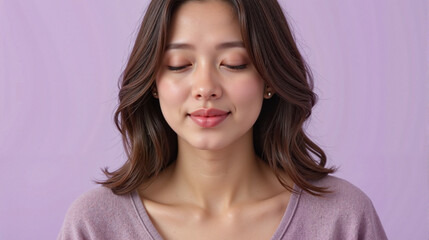 Fototapeta premium Woman with calm and peaceful expression against purple background