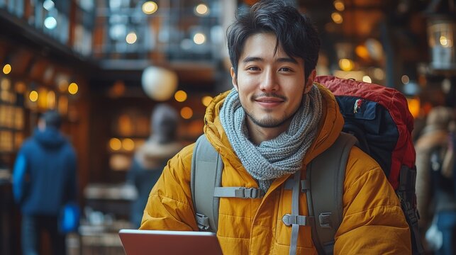 Young Asian digital nomad working on a laptop with a backpack in a cozy cafe