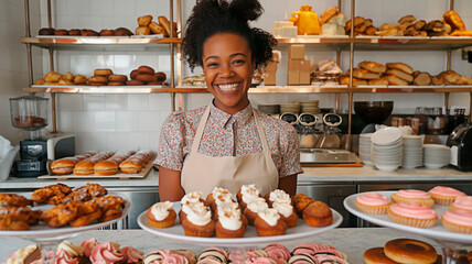 Cheerful baker displaying fresh pastries at bakery counter. African American woman showcasing homemade sweets in bakery.