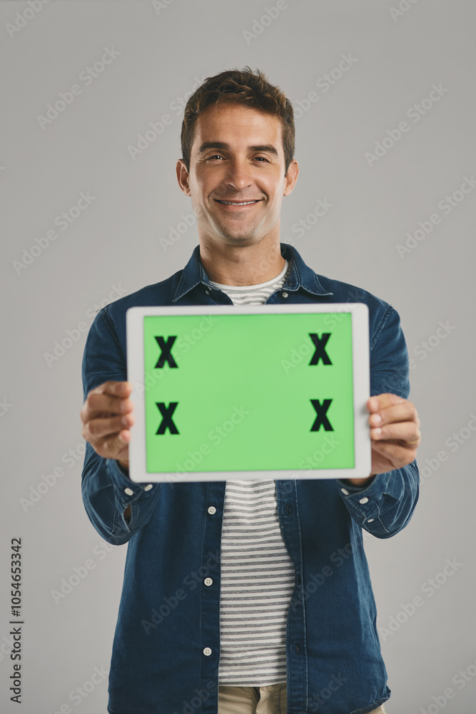 Leinwandbilder portrait, green screen and man with tablet, showing and happy person on gray studio background. face