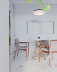 modern contemporary dining room with wood armchair, round table and poster mokcup frame. 3d illustration