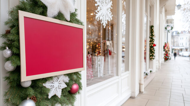 Festive holiday storefront with blank red sign and decorative garland