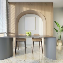 modern dining room with table and poster frame mockup. 3d illustration