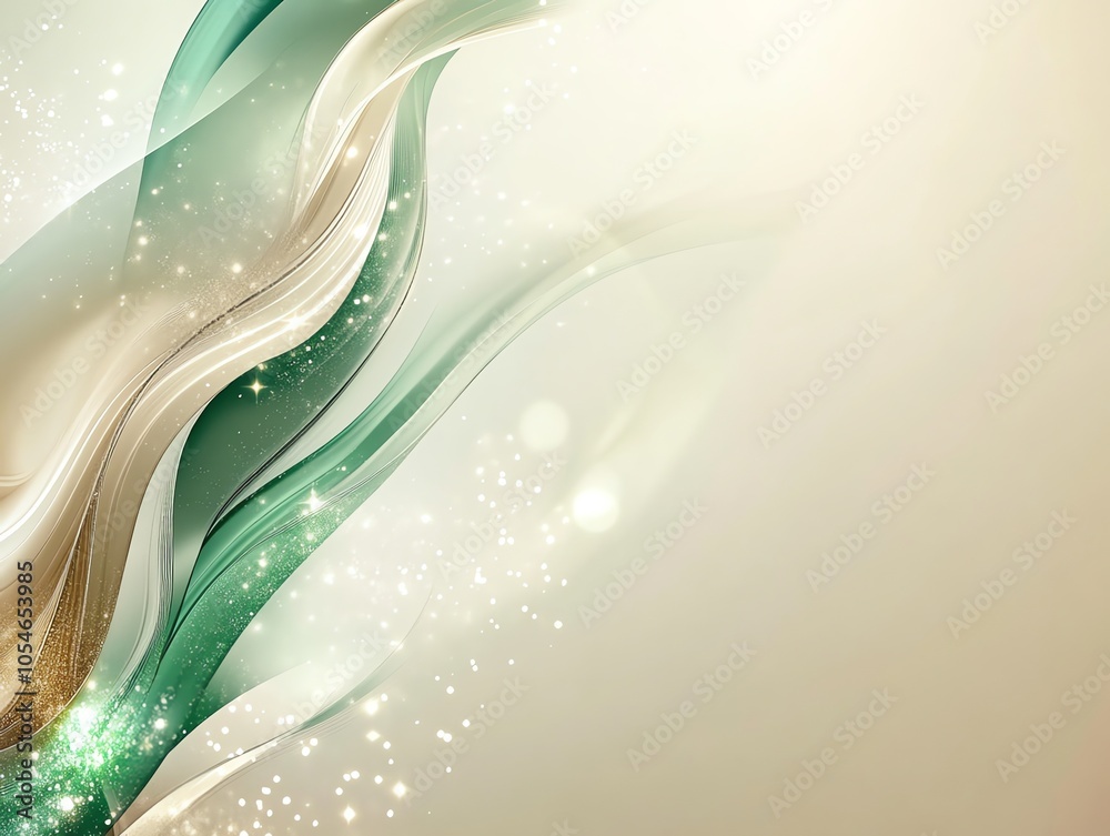Poster Abstract background with flowing green and gold waves and sparkling lights.