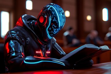 Cyberpunk witness in a neon-lit courtroom with digital screens displaying case details, showcasing a high-tech future approach to testimony, symbolizing intensity and progress