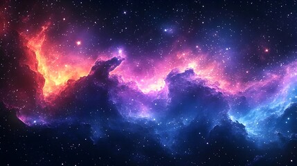 Naklejka premium A stunning cosmic landscape depicting a vibrant nebula with hues of purple, orange, and blue, interspersed with countless twinkling stars, evoking a sense of wonder.