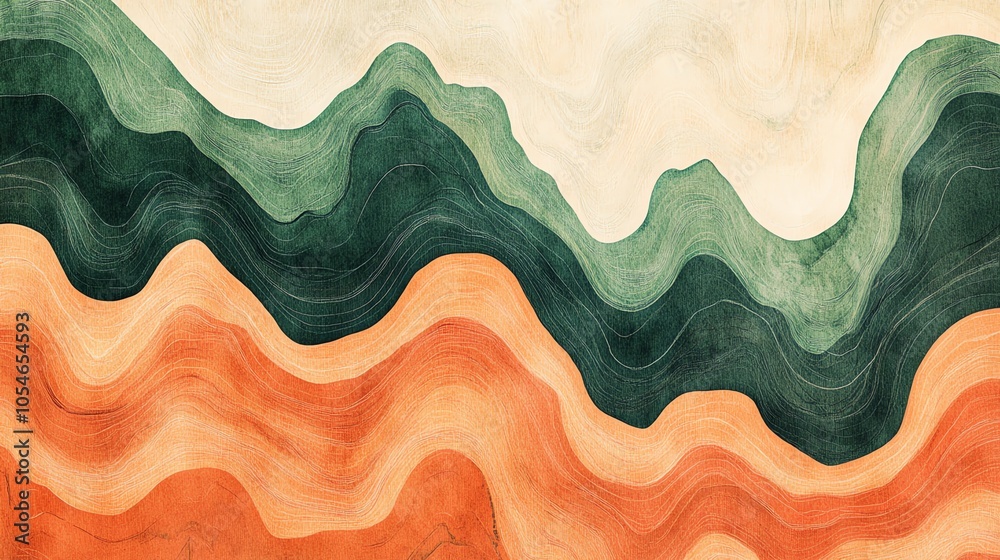 Poster abstract wavy pattern with green and orange colors.