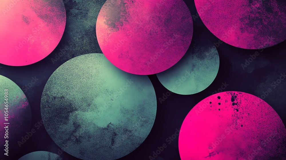 Poster abstract background with pink and green circles on a dark grunge texture.
