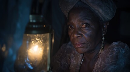 Elderly woman in traditional attire holding a lantern in low light