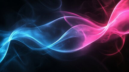 Obraz premium Blue and pink neon light waves on dark background, abstract energy concept