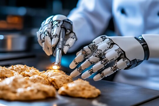 Futuristic robotic hands kneading dough with precision, showing the blending of technology and tradition in modern kitchens, symbolizing innovation and skill