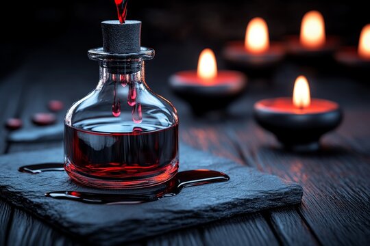 Gothic-style apothecary pouring a dark elixir into a glass bottle, with eerie lighting capturing the mystery and darkness of potion making, symbolizing depth and intrigue
