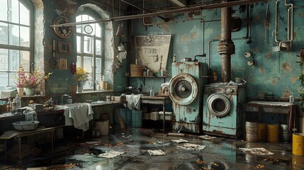 Abandoned Industrial Laundry Room - Vintage Machinery and Decaying Interior