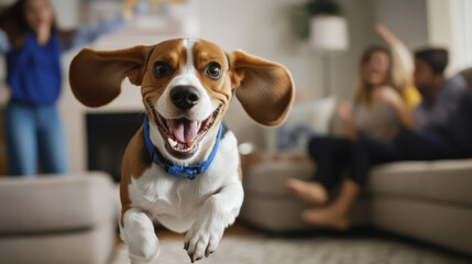 beagle with blue collar joyfully jumps in living room, showcasing its playful spirit. happy atmosphere is enhanced by people in background enjoying their time together