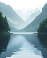 Tranquil reflections in a serene mountain landscape at dawn © pongtap