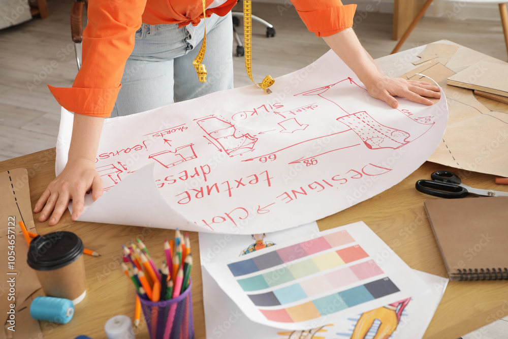 Wall mural Female fashion designer working with drawing at table in studio, closeup